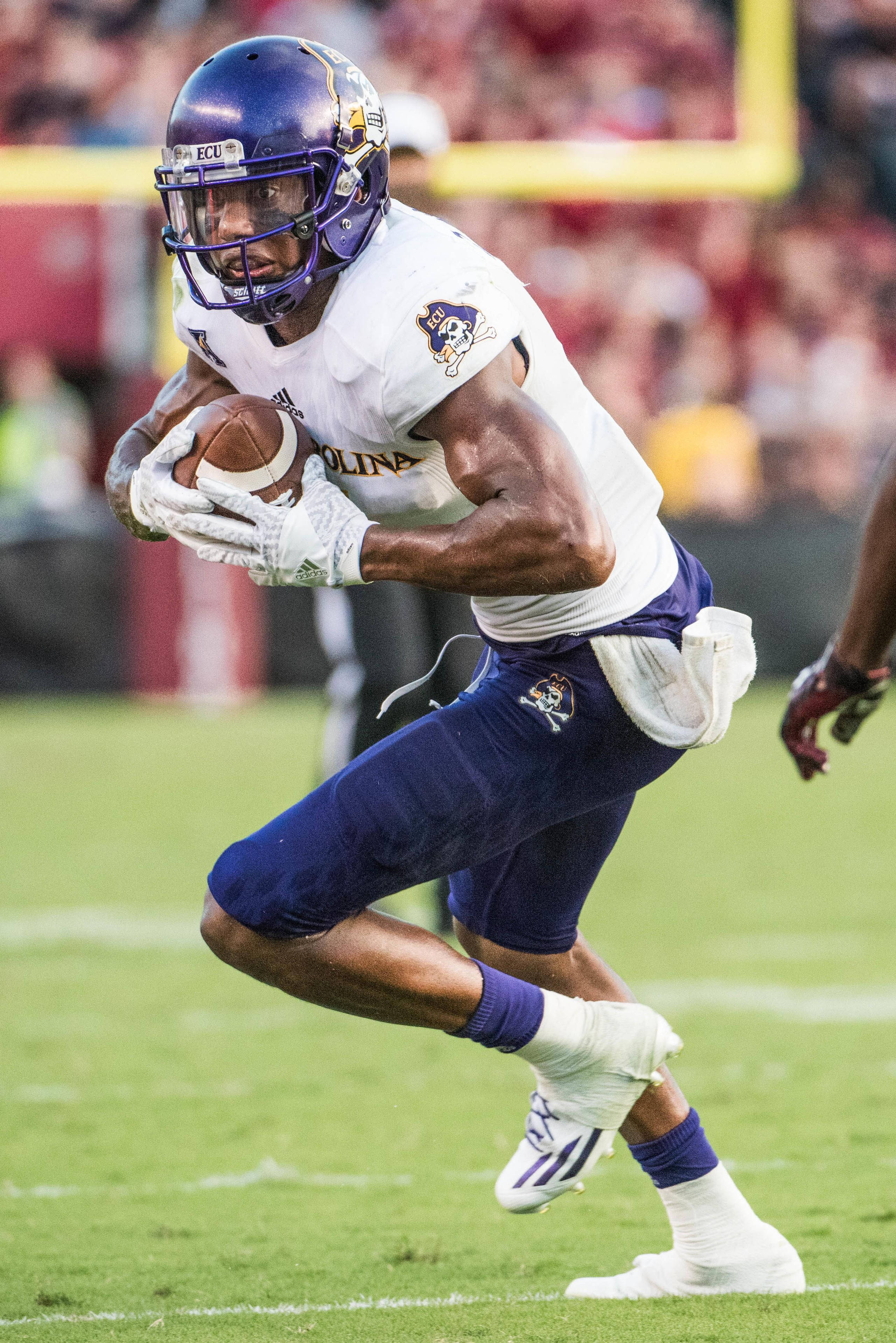 zay jones 桌布 壁紙 — 一名身穿白色和紫色裝備的美式足球運動員在體育場燈光下的綠色球場上帶球衝刺。