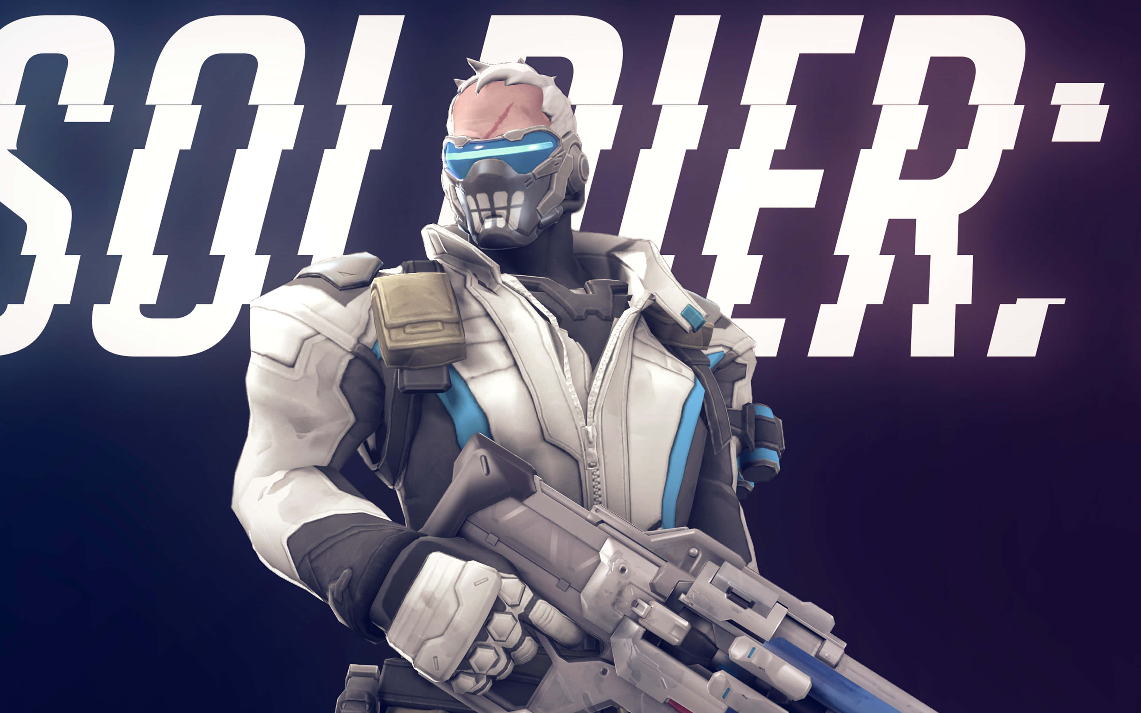 Soldier 76 桌布 壁紙 — 一名身穿白色和藍色盔甲的未來士兵，在深色背景上手持重型武器，並配有粗體白色文字。