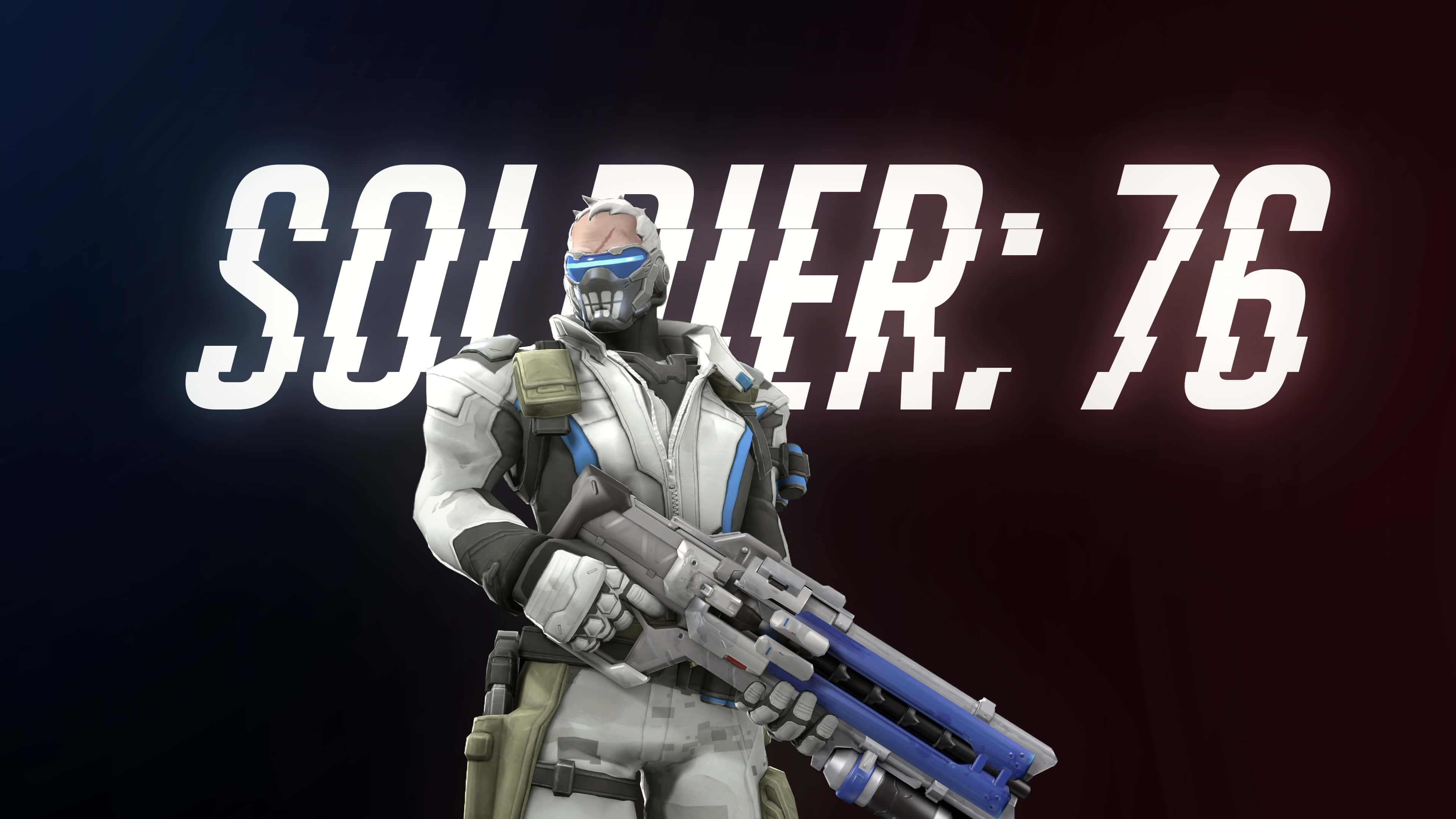 Soldier 76 桌布 壁紙 — 一名身穿白色和藍色盔甲的未來士兵，在深色漸變背景和發光文字前手持重型武器。