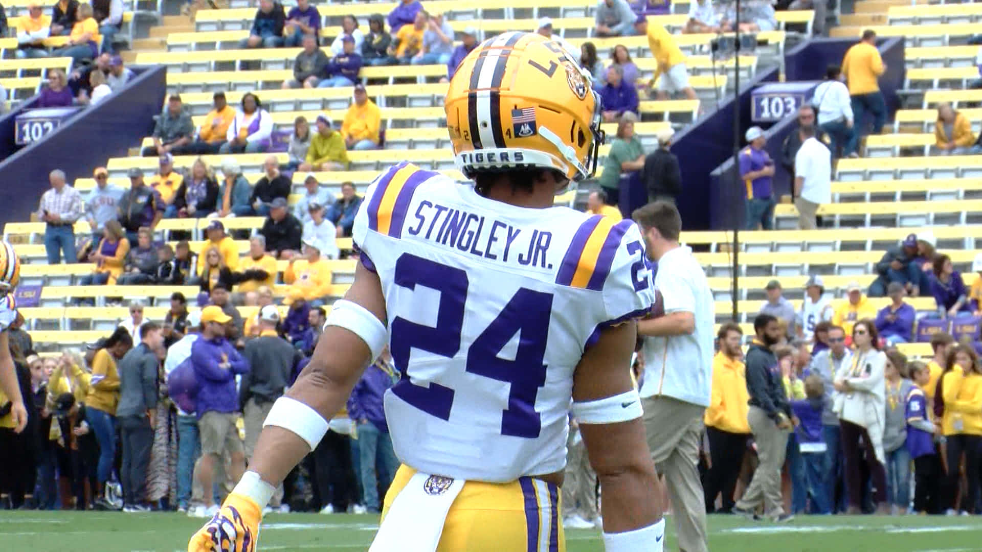 Lsu Tigers 桌布 壁紙 — 一名身穿白色和金色LSU老虎隊24號球衣的美式足球員在場上行走，紫色和金色的球迷在看台上歡呼。