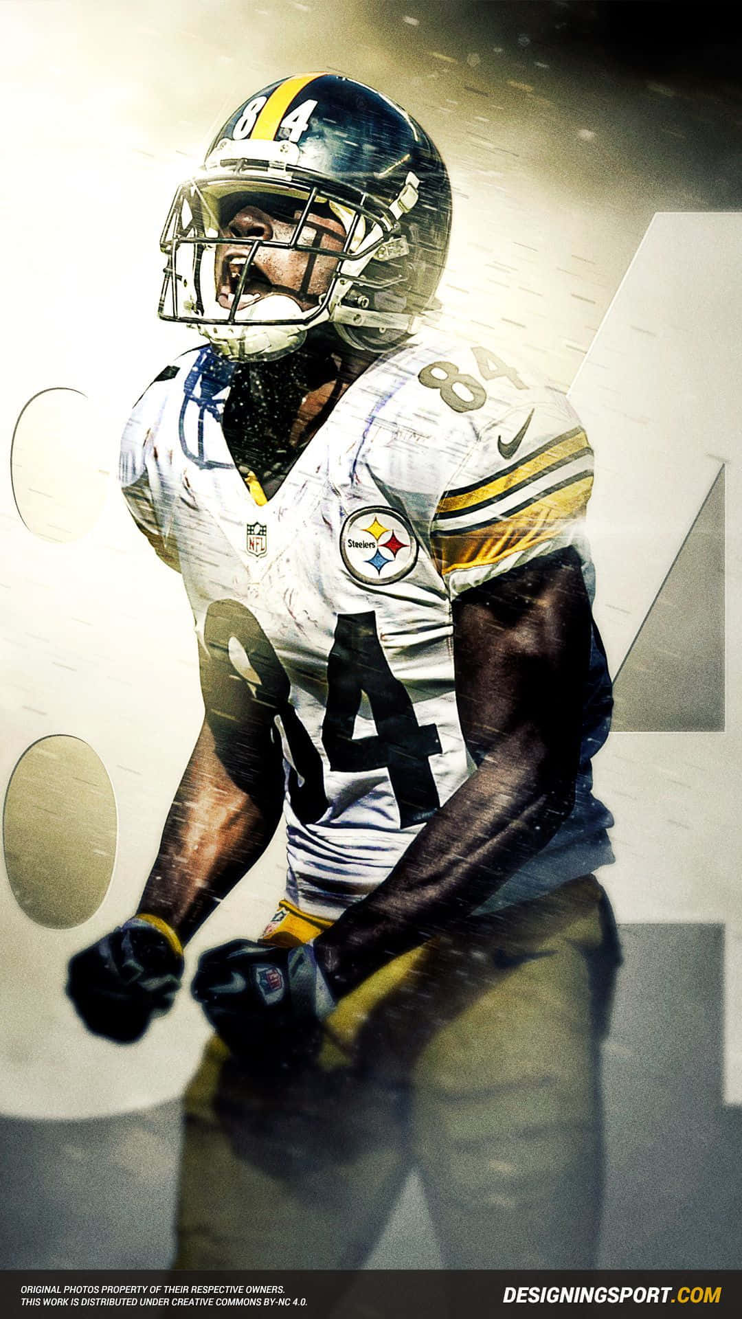 Steelers iPhone 桌布 壁紙 — 一名身穿白色和黃色球衣、號碼84的美式足球員，在戲劇性燈光下穿過風格化的隧道奔跑。