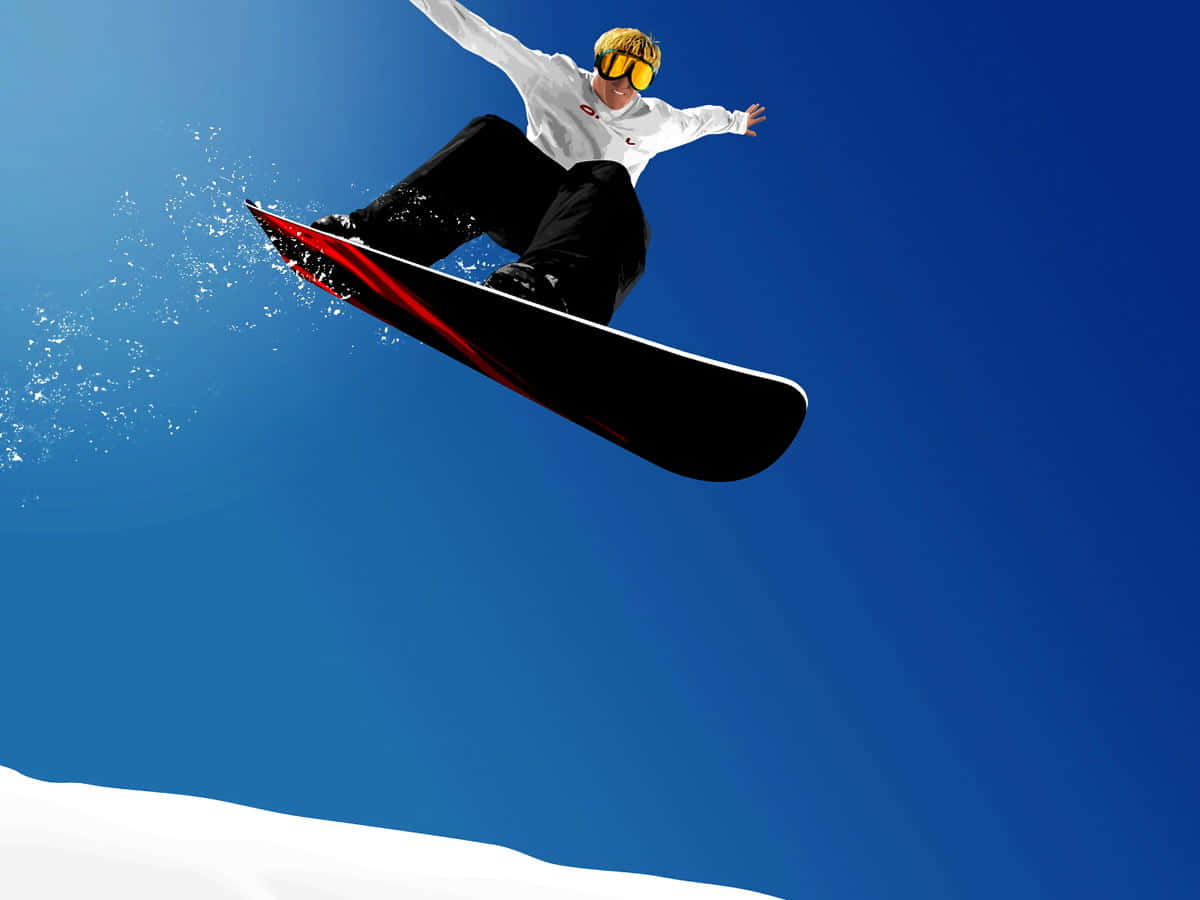 Minimalist Sports 桌布 壁紙 — 一名身穿白色外套和黃色護目鏡的滑雪板運動員在晴朗的藍天中飛翔，越過雪地，滑雪板濺起雪花。