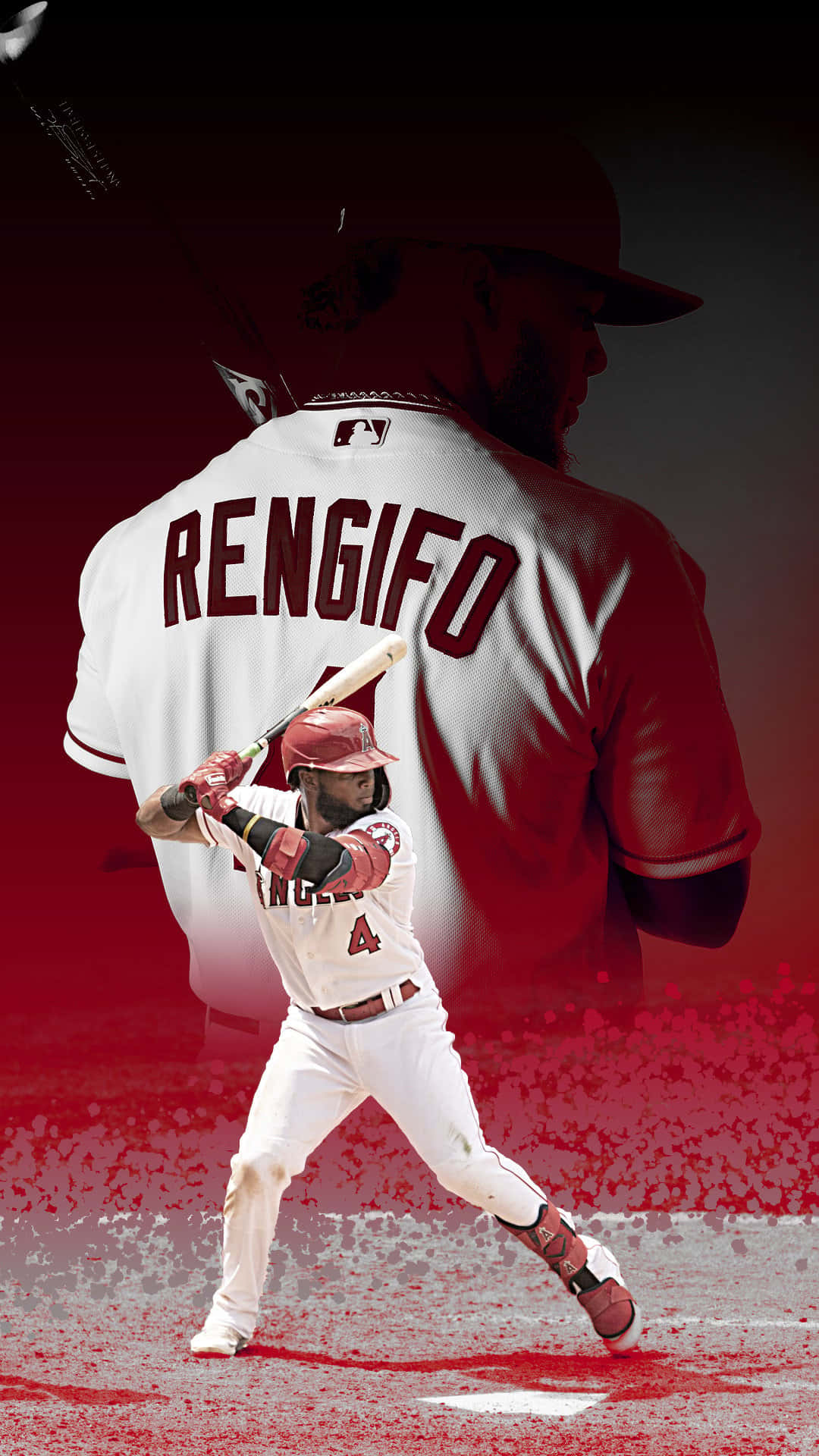 MLB Baseball League 桌布 壁紙 — 一名身穿白色天使隊球衣、背後印有「RENGIFO」的棒球選手，在戲劇性的紅黑背景下揮棒。