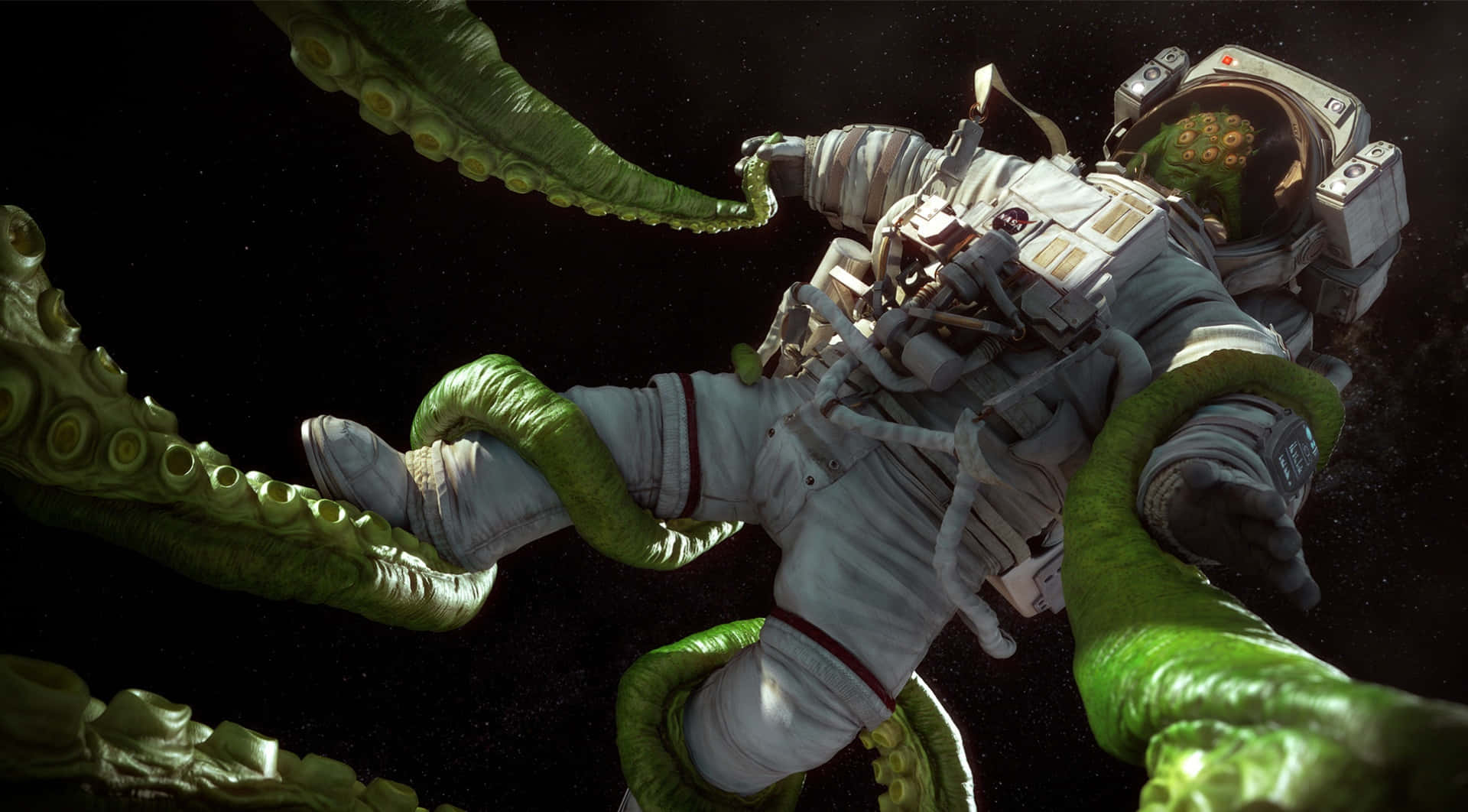 Scary Space 桌布 壁紙 — 一名身穿白色太空衣的太空人，在佈滿星斗的黑色虛空中被粗大的綠色觸手抓住。