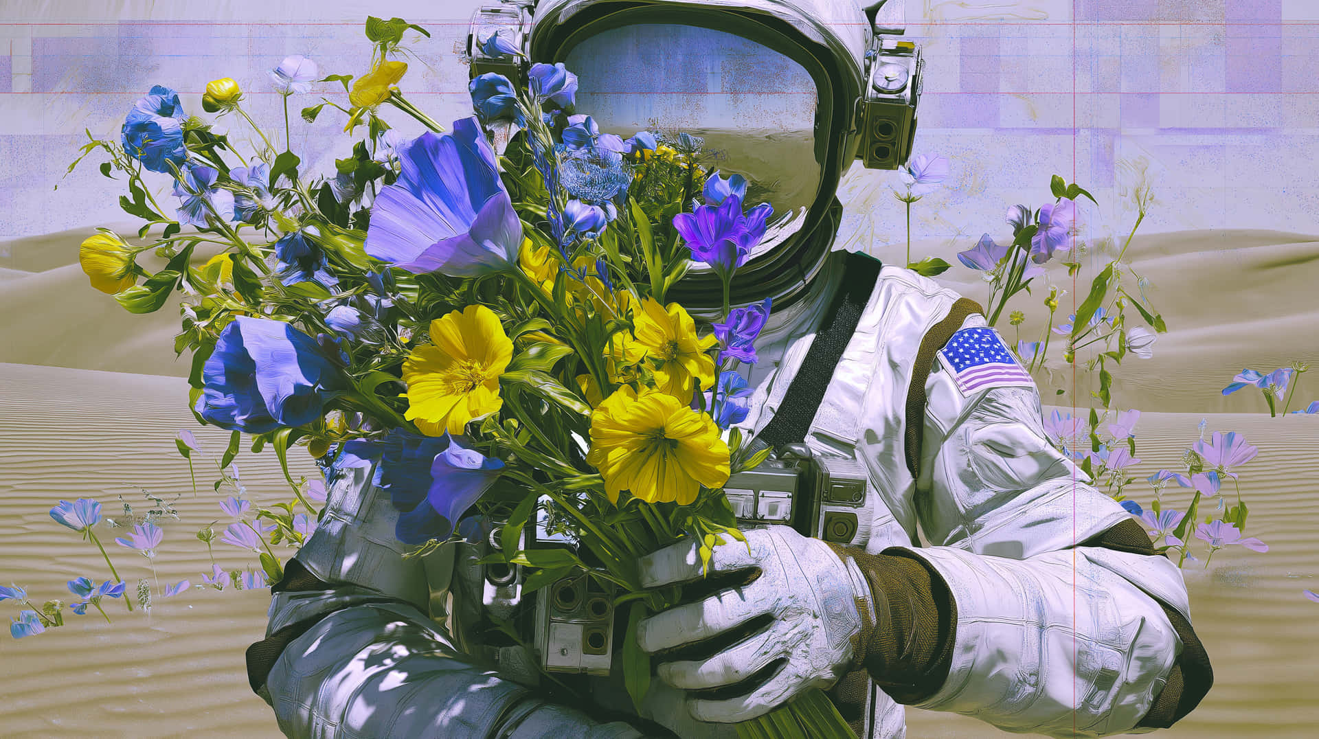 Astronaut Holding a Vibrant Bouquet in a Surreal Landscape 壁紙 — 一名身穿白色太空衣的太空人，在沙質的外星景觀中手持一束鮮豔的藍色和黃色花束。