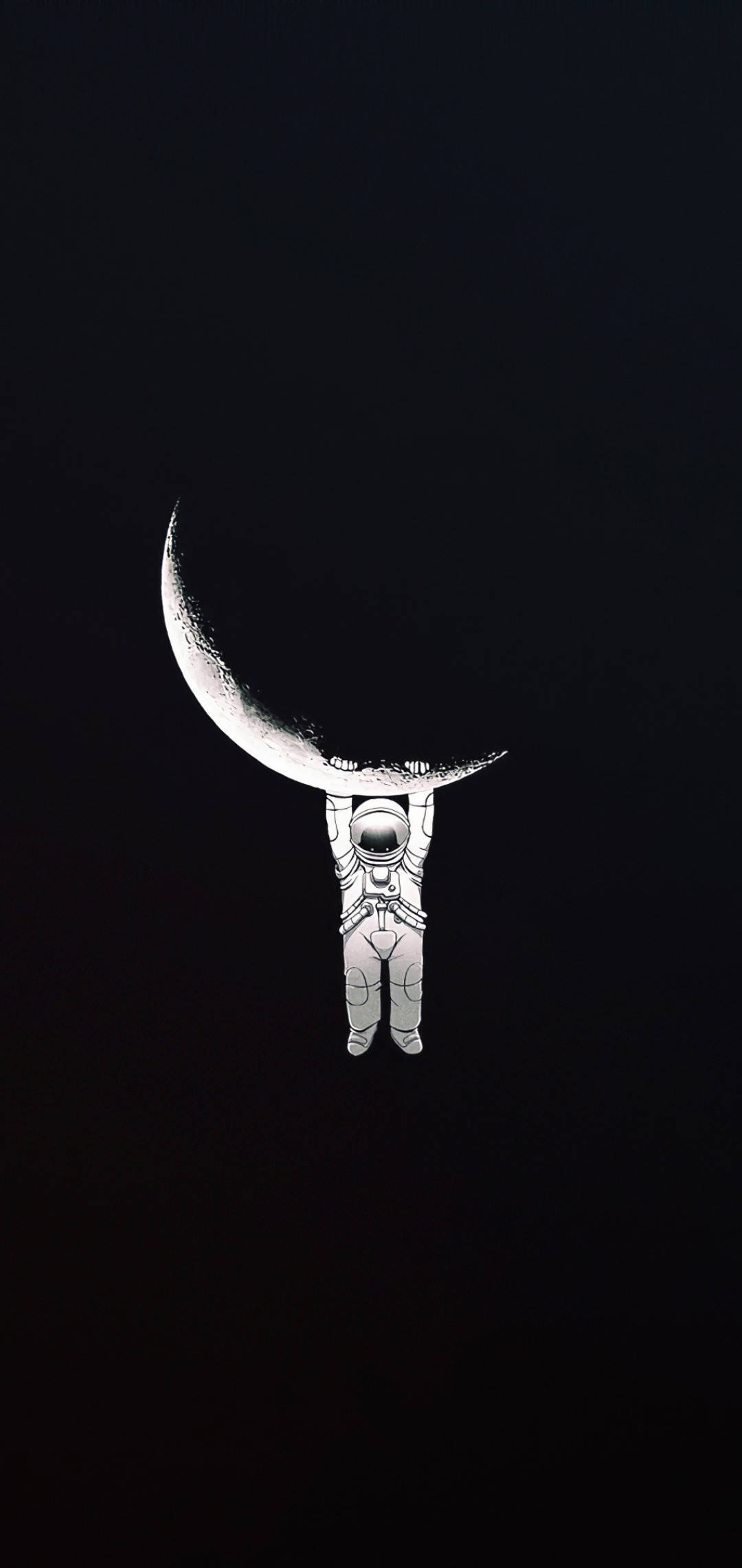 酷黑 桌布 壁紙 — 一名身穿白色太空衣的太空人，在純黑背景上舉起一彎新月。