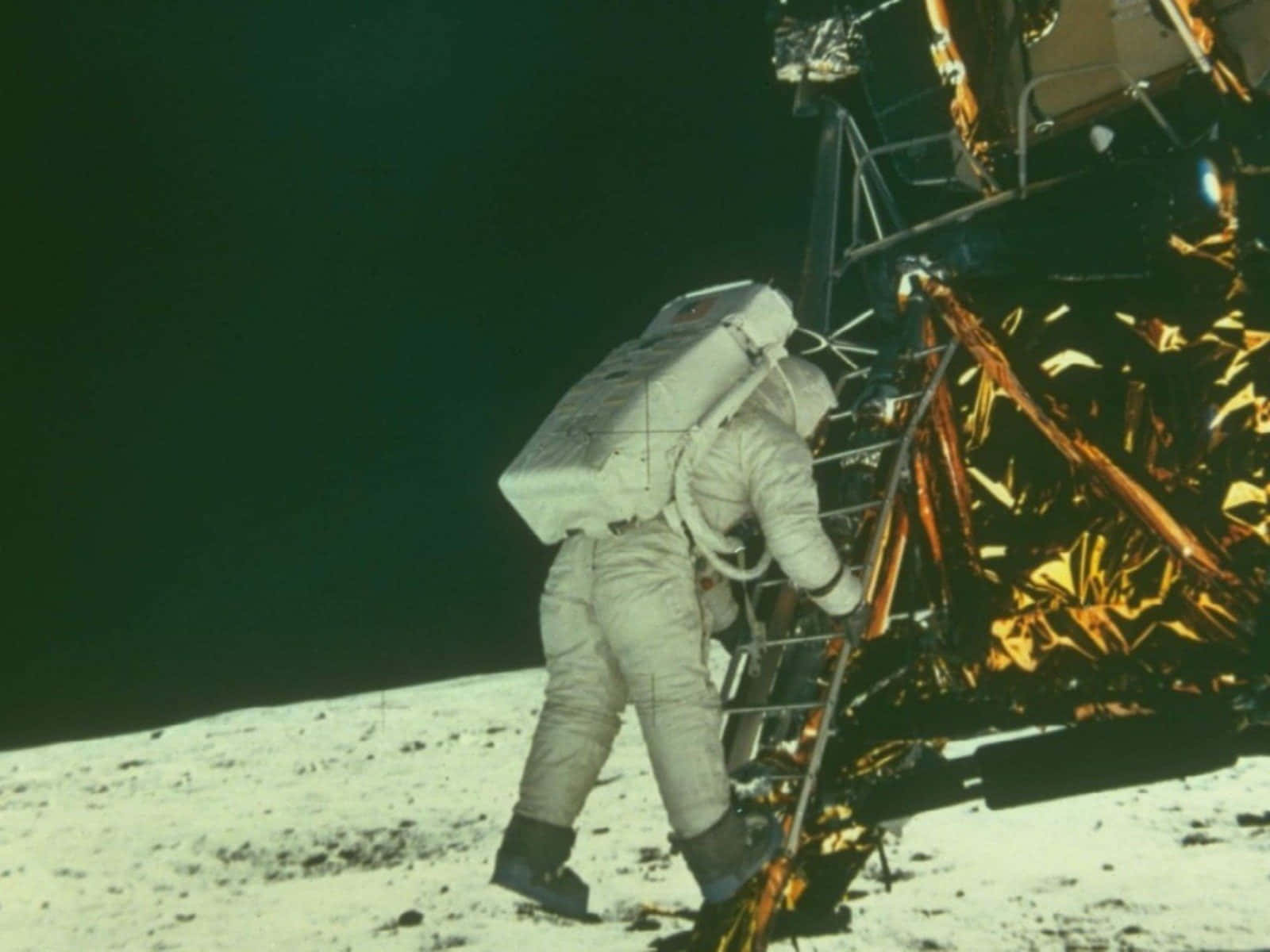 Space Mission 桌布 壁紙 — 一名身穿白色太空衣的太空人，在黑色天空下，於月球灰色表面攀爬登月艙的梯子。