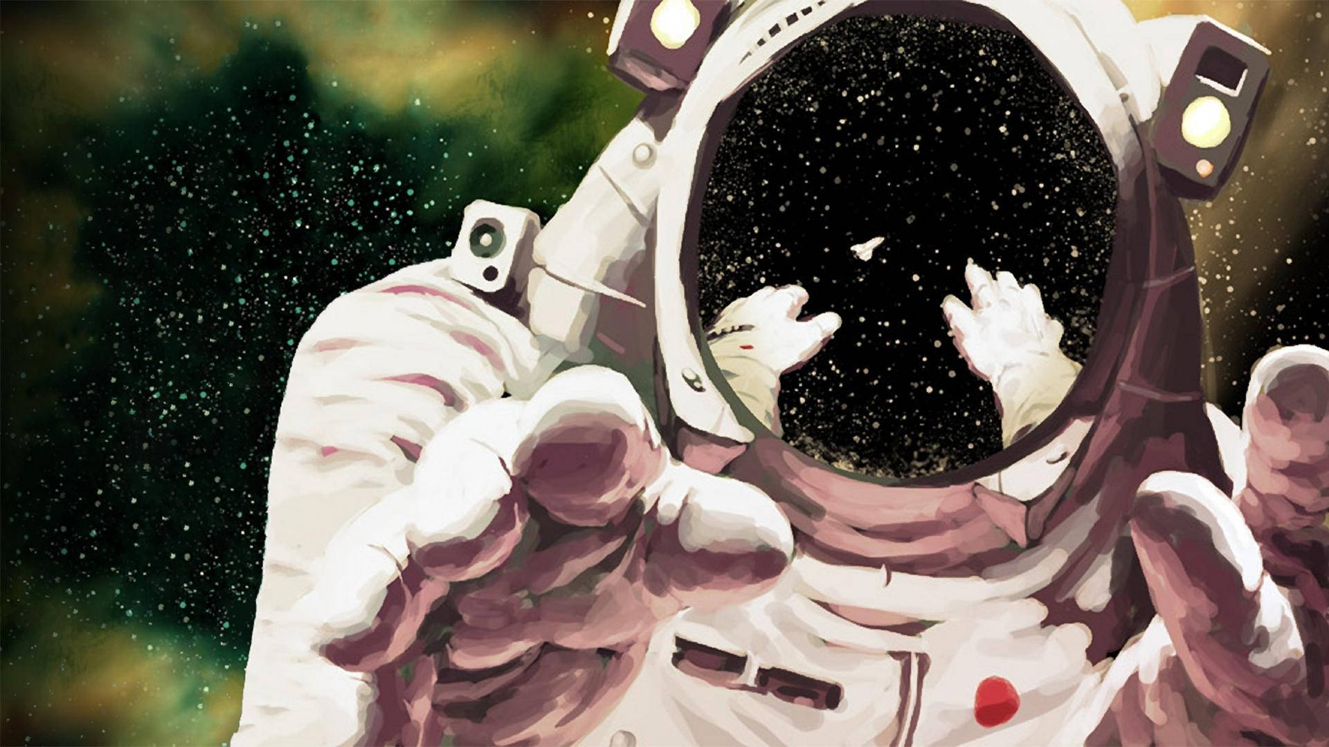 太空人 桌布 壁紙 — 一名身穿白色太空衣的太空人，透過頭盔面罩伸手觸摸宇宙虛空中的星星。