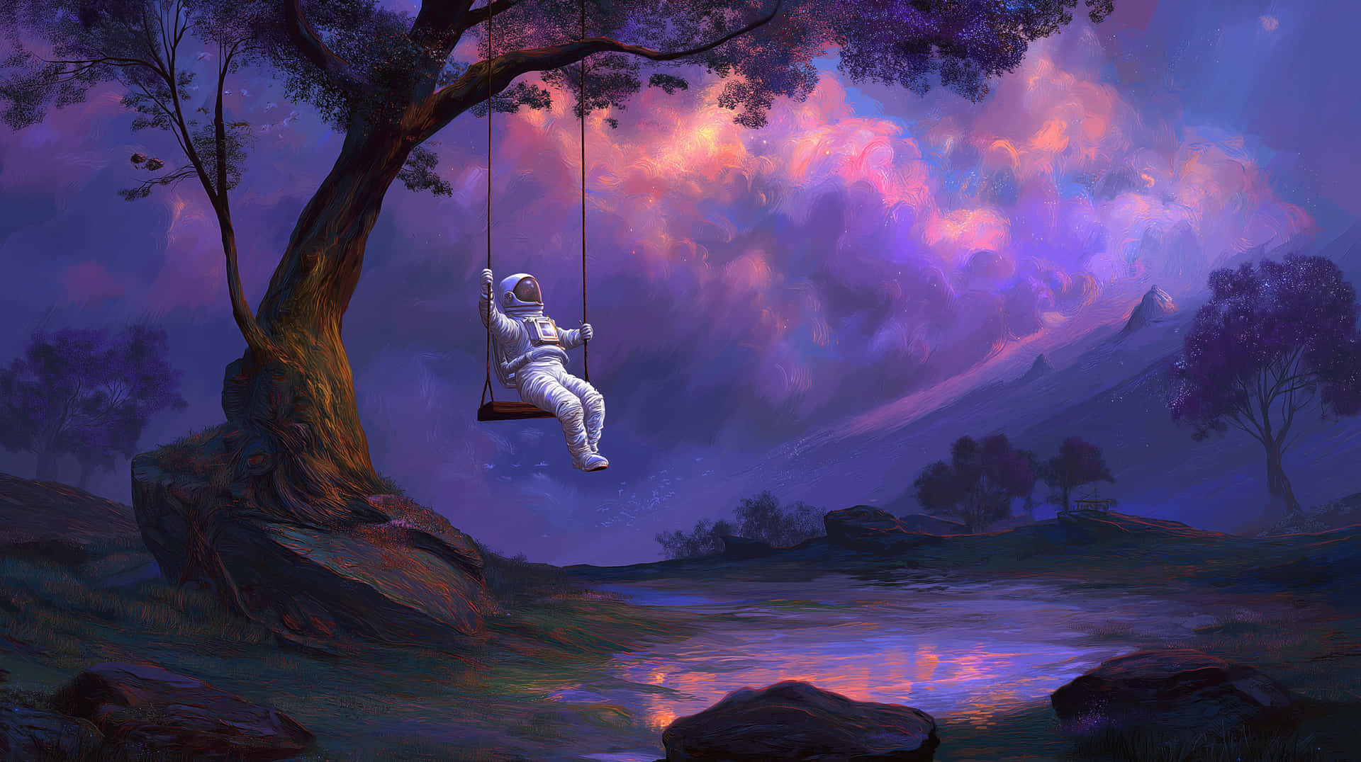 Astronaut on Swing in Mystical Purple Landscape 壁紙 — 一名身穿白色太空衣的太空人在充滿活力的紫色和粉紅色暮色天空下，在樹鞦上平靜地搖擺。