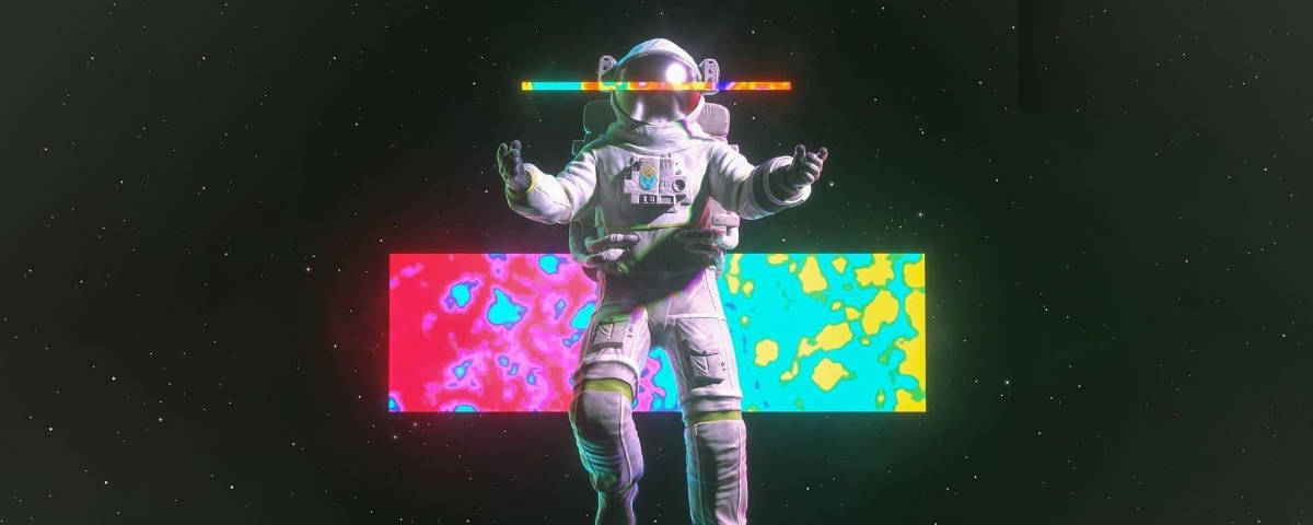  壁紙 — 一名身穿白色太空衣的太空人在太空中跳舞，身後有發光的彩虹面罩和色彩繽紛的抽象面板。