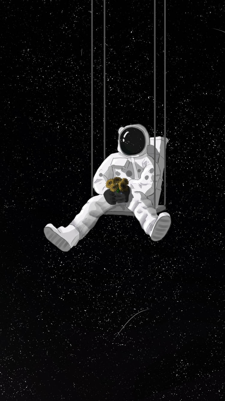 太空人在太空中的鞦韆上，手持一盆植物，背景是星空。 — 太空人 壁紙