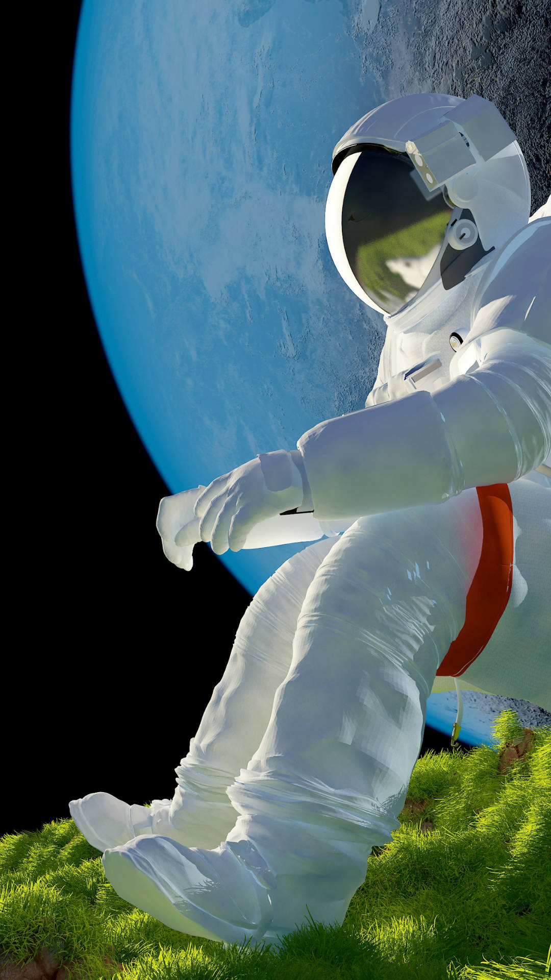 太空人 桌布 壁紙 — 一名身穿白色太空衣的太空人沉思地坐在充滿活力的綠色草地上，背後有一個巨大的藍色星球若隱若現。