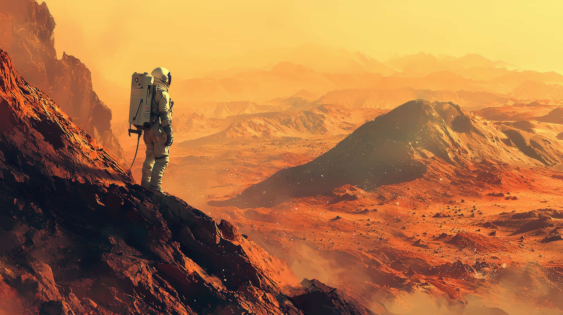 Astronaut Exploring a Rugged Martian Landscape with Distant Mountains 壁紙 — 一名身穿白色太空衣的太空人站在崎嶇的紅色懸崖上，俯瞰著朦朧橙色天空下廣闊的外星峽谷。