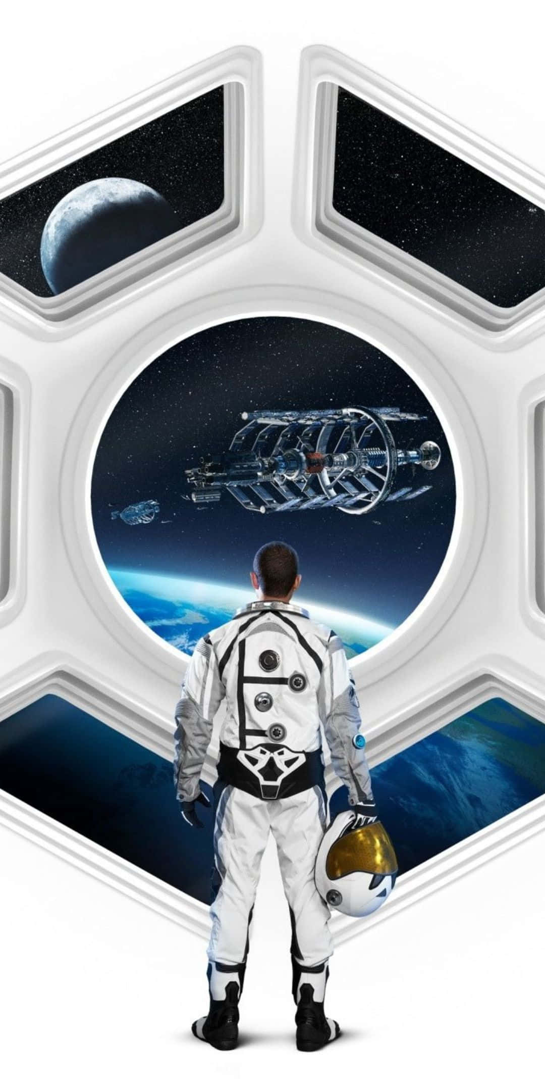 Civilization Beyond Earth 桌布 壁紙 — 一名身穿白色太空衣的太空人站在未來風格的太空船內，透過六角形窗戶凝視著一顆藍色行星和遙遠的月球。