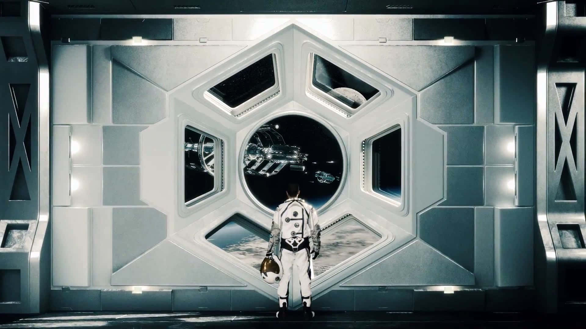 Civilization Beyond Earth 桌布 壁紙 — 一名身穿白色太空衣的太空人站在未來風格的太空船內，透過圓形窗戶望向星空和遠處的太空船。