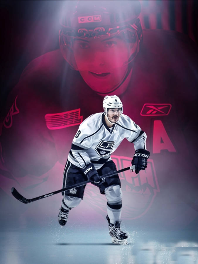 hockey 桌布 壁紙 — 一名身穿白色洛杉磯國王隊球衣的冰球運動員在冰上向前滑行，身後有一個模糊的紅色鬼臉。