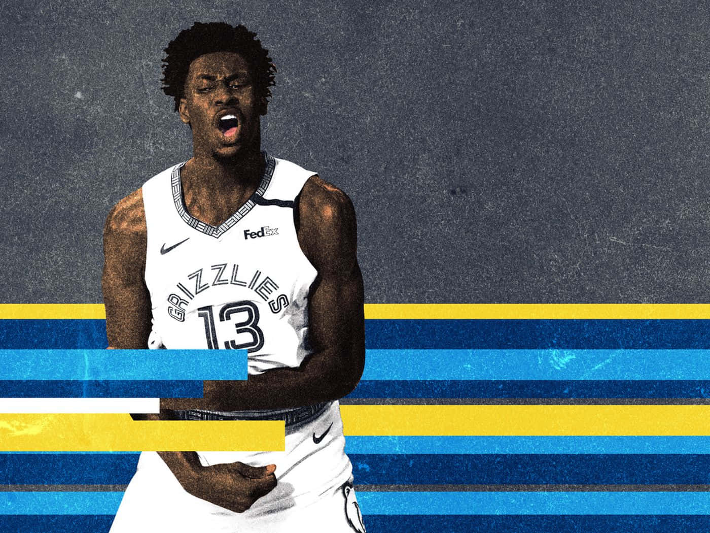 NBA 桌布 壁紙 — 一名身穿白色灰熊隊球衣的籃球運動員，在紋理灰色背景和鮮明的藍黃條紋前，強烈地咆哮。