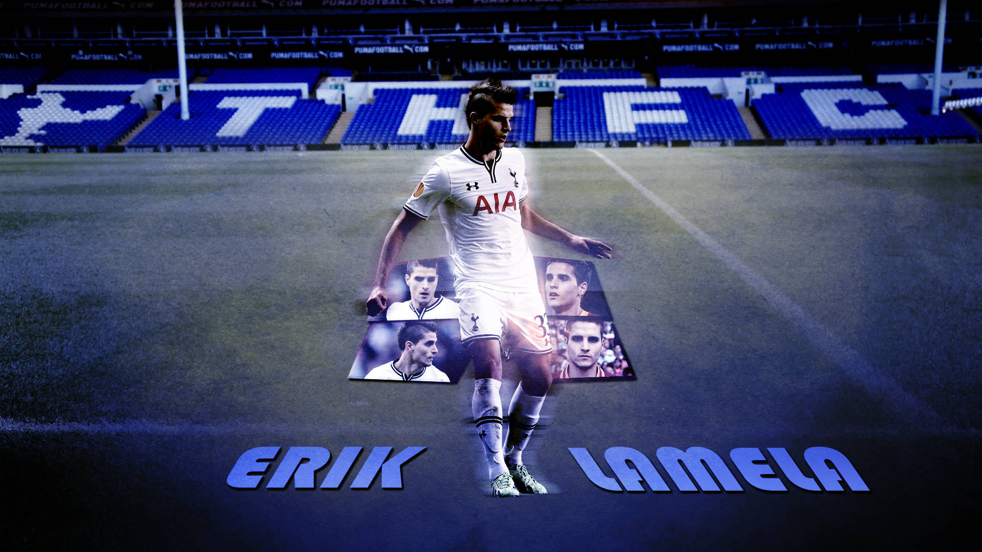 erik lamela 桌布 壁紙 — 一名身穿白色熱刺球衣的足球員站在球場上，他的名字和臉部照片在他腳下發光。