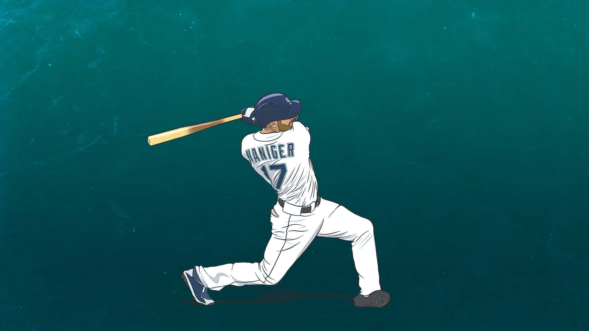 MLB Baseball League 桌布 壁紙 — 一名身穿白色球衣、印有Haniger名字和17號的棒球選手，在帶有紋理的青綠色背景上揮棒。
