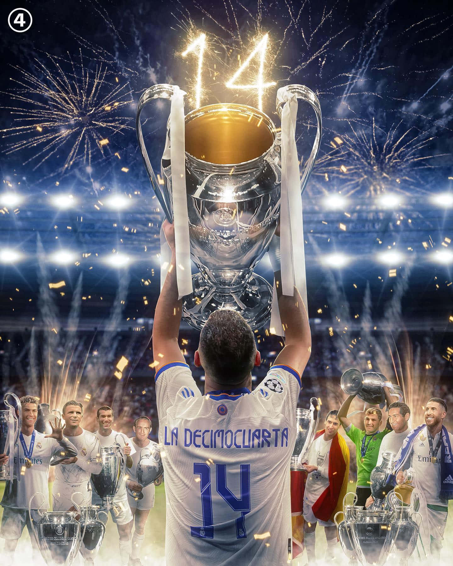 Champions League 桌布 壁紙 — 一名身穿白色球衣、背號14的足球運動員舉起閃閃發光的獎盃，煙火在充滿隊友和獎盃的體育場上空綻放。