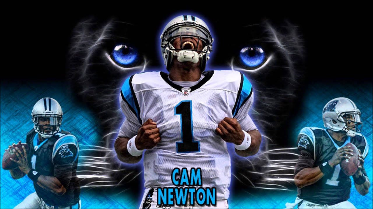 NFL 桌布 壁紙 — 一名身穿白色球衣、背號1的兇猛足球員站在舞台中央，身後有一雙發著藍光的黑豹眼睛潛伏著。