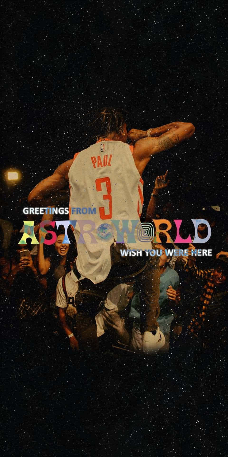 Astroworld 桌布 壁紙 — 一名身穿白色球衣、背號3號的籃球運動員在星空下的AstroWorld演唱會中被粉絲舉起。