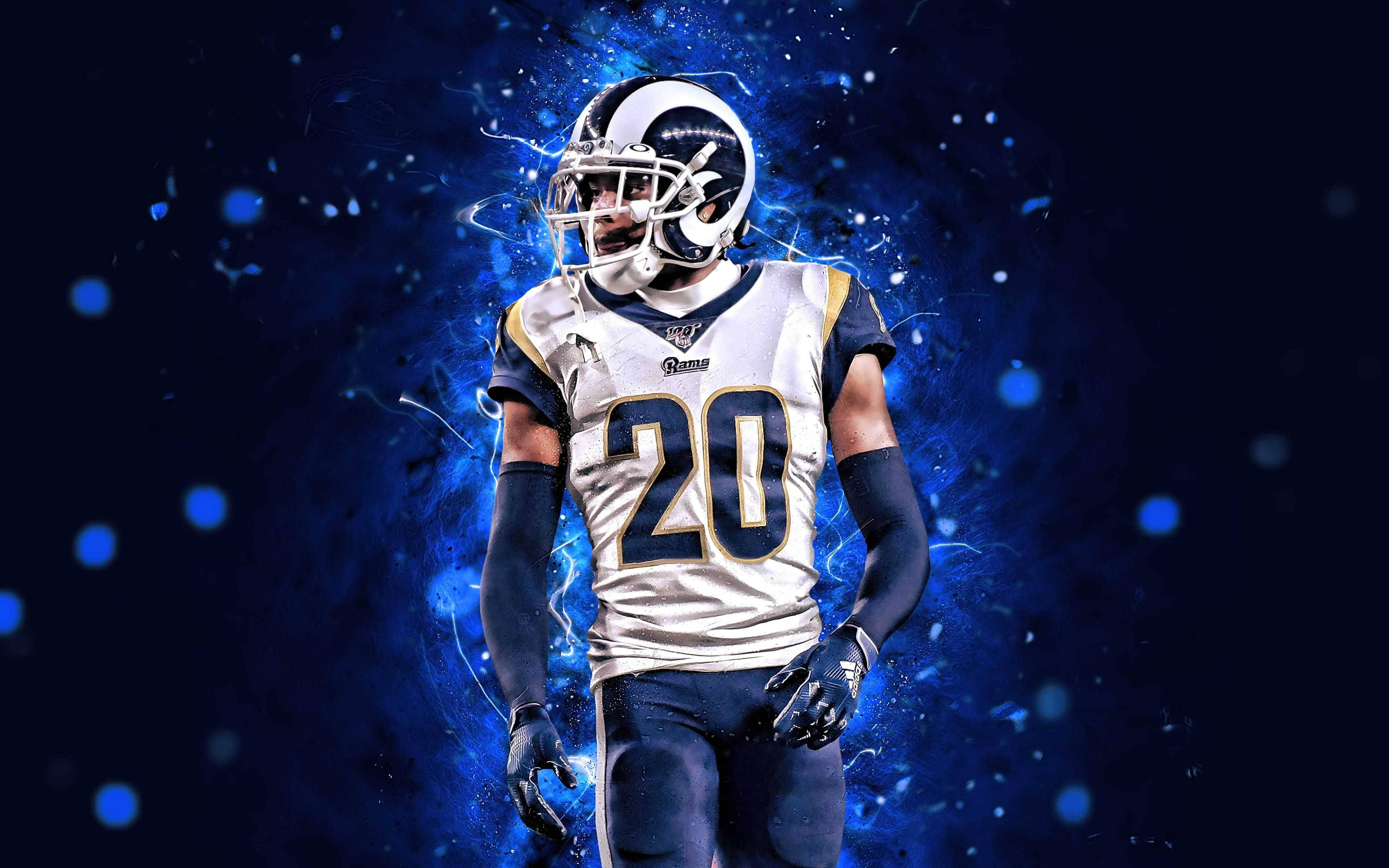 Ramsey 桌布 壁紙 — 一名身穿白色球衣、號碼20的足球運動員站在動態藍色能量爆發背景前。
