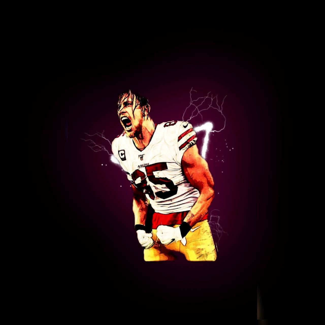 George Kittle 桌布 壁紙 — 一名身穿白色球衣、號碼95的足球運動員在深紫色背景上咆哮，周圍閃電劈啪作響。
