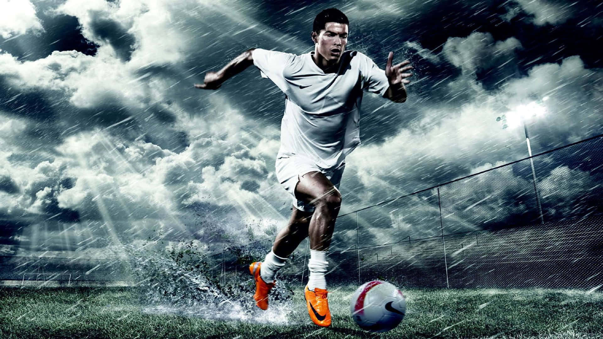 Ronaldo 桌布 壁紙 — 一名身穿白色球衣和橙色球鞋的足球員在暴雨中，於球場燈光下，以暴風雨的天空為背景盤球。