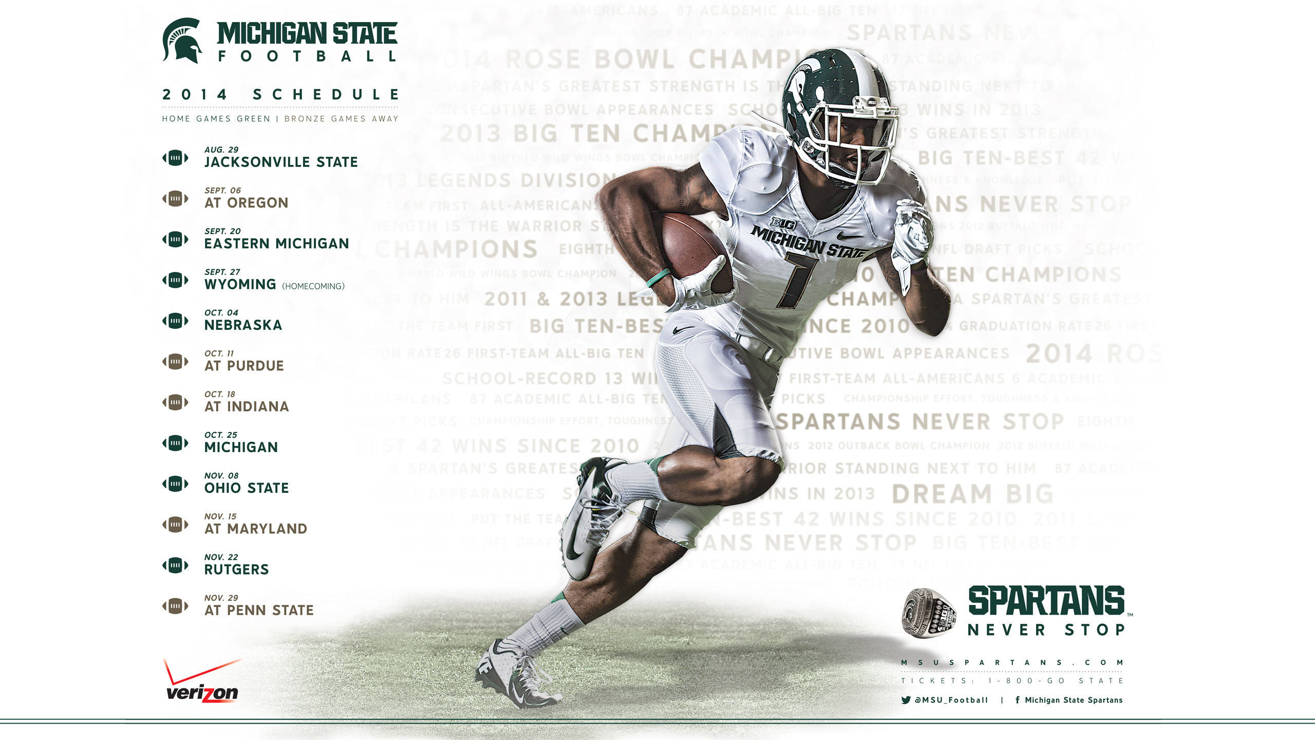 Michigan State Spartans 桌布 壁紙 — 一名身穿白色球衣的密西根州立大學美式足球員，在球隊統計數據和口號的背景中持球衝刺。