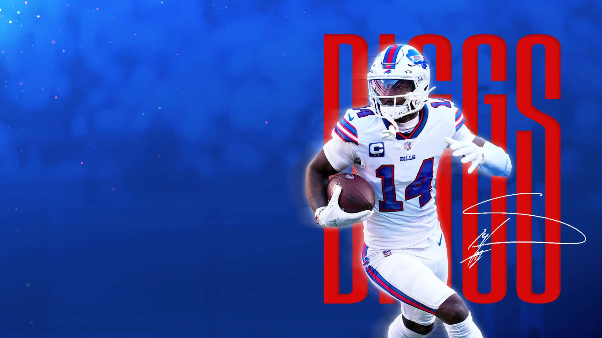 NFL 桌布 壁紙 — 一名身穿白色球衣的布法羅比爾隊美式足球員，在帶有紅色「DIGGS」文字的藍色背景前持球奔跑。