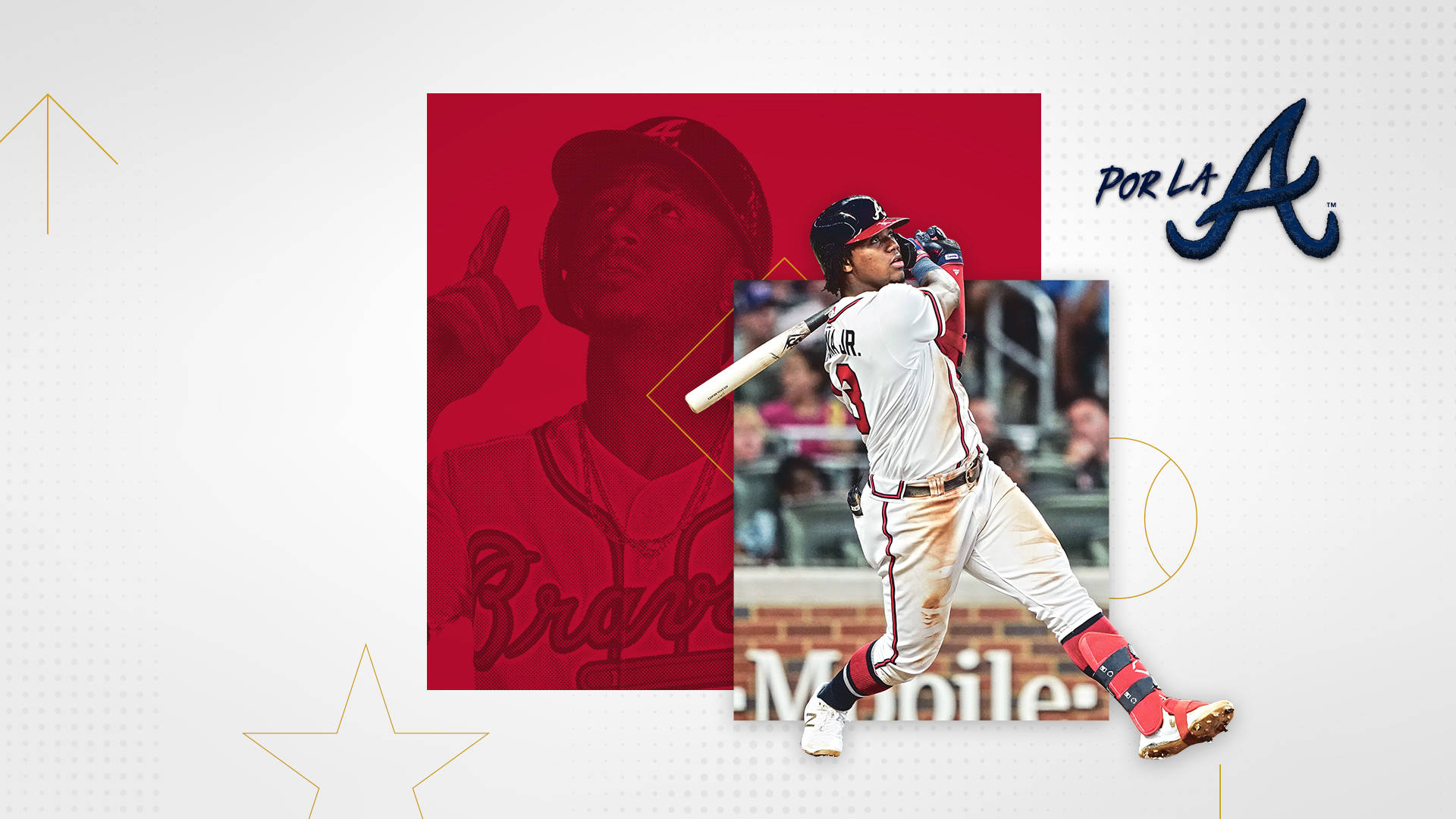 Braves 桌布 壁紙 — 一名身穿白色球衣的棒球運動員正在揮棒，背景為紅色圖形設計，帶有球隊標誌和幾何金色點綴。