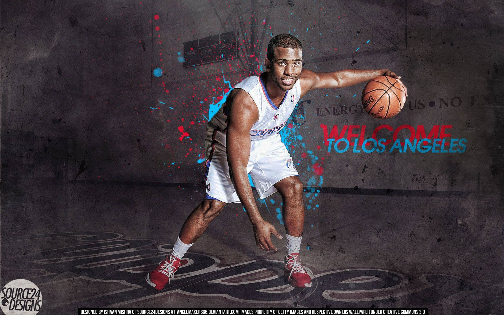 Chris Paul 桌布 壁紙 — 一名身穿白色球衣的籃球運動員，在充滿動感的能量下運球，背景是粗糙的城市風貌，帶有色彩繽紛的油漆飛濺和「Welcome to Los Angeles」文字。