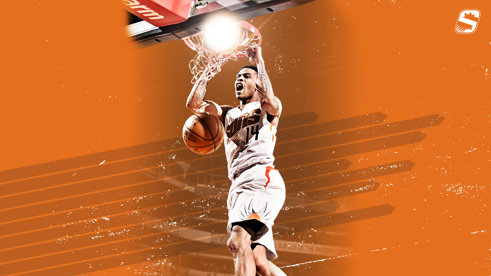 Suns 桌布 壁紙 — 一名身穿白色球衣的籃球運動員在充滿活力的橙色背景下，以強烈的能量灌籃。
