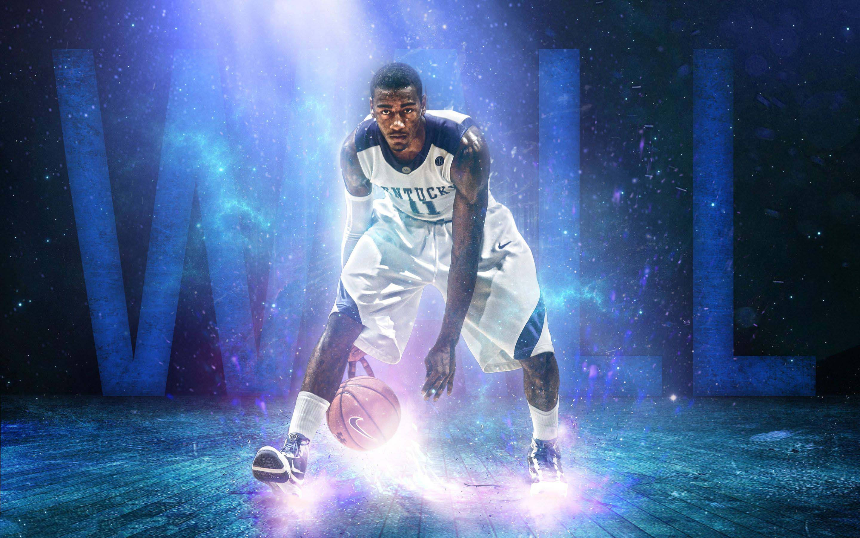 John Wall 桌布 壁紙 — 一名身穿白色球衣的籃球運動員在宇宙藍光下運球，身後有巨大的字母。