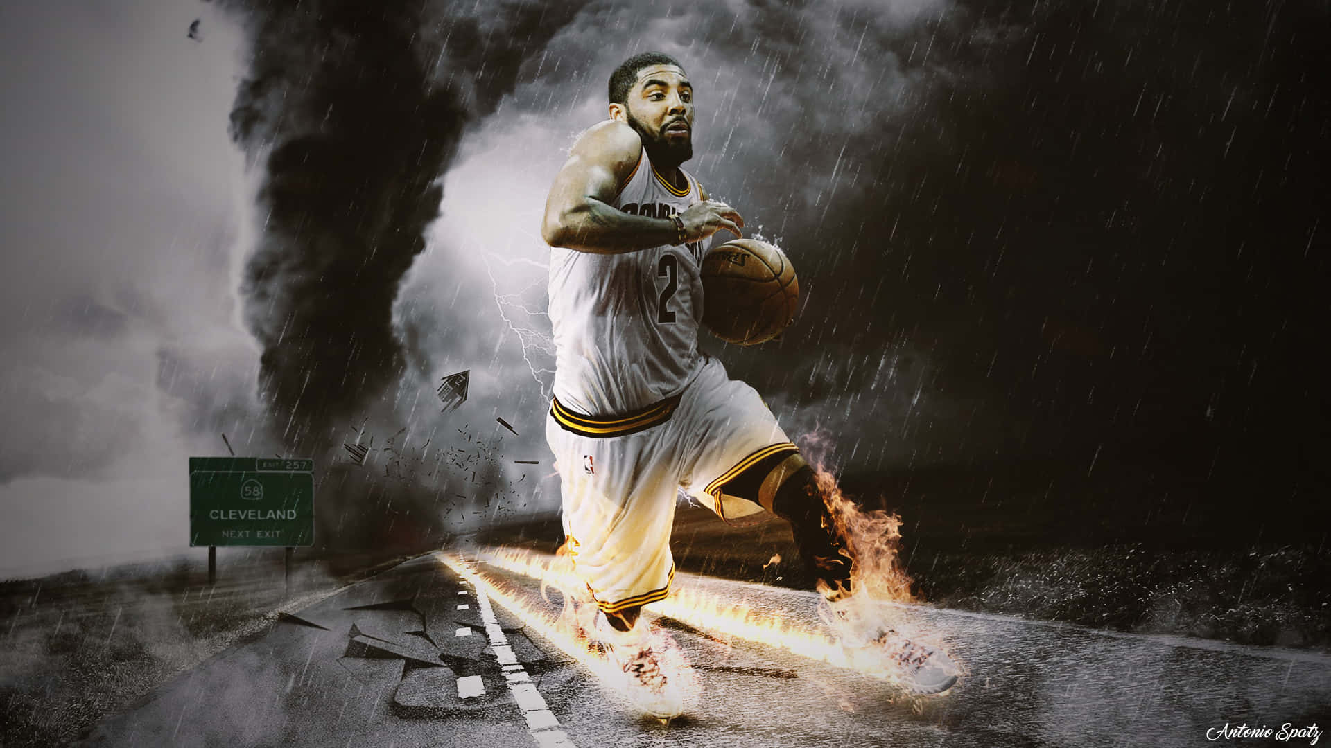 Kyrie Irving Cool 桌布 壁紙 — 一名身穿白色球衣的籃球運動員在暴風雨中運球，腳後拖著火焰，身後閃電劈裂。