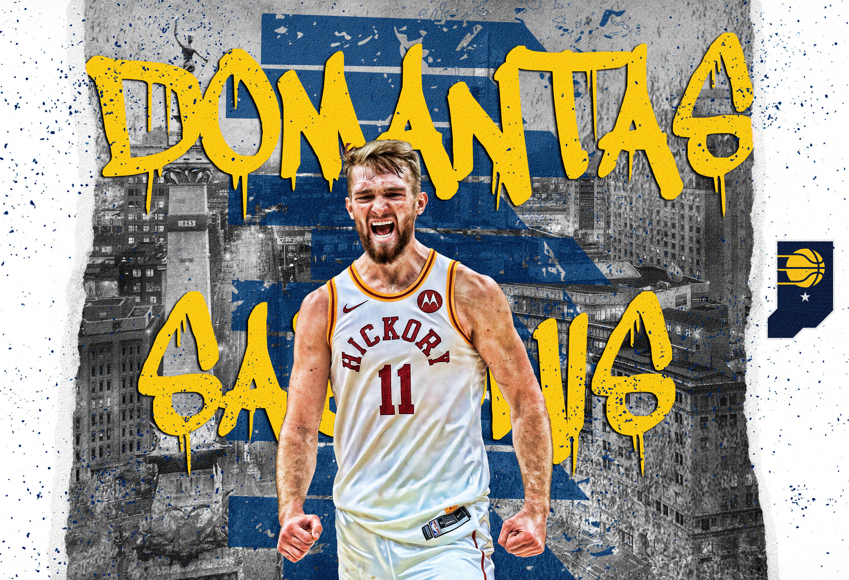 domantas sabonis 桌布 壁紙 — 一名身穿白色球衣的籃球運動員在粗獷的城市背景下，握緊拳頭咆哮，背景有醒目的黃色塗鴉風格文字。