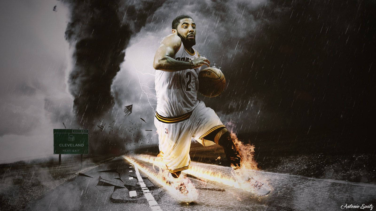 Kyrie 桌布 壁紙 — 一名身穿白色球衣的籃球運動員在風暴中運球，腳下有火焰，背景有閃電。