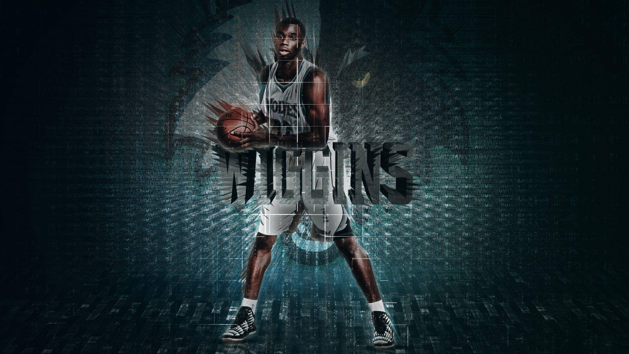 Andrew Wiggins 桌布 壁紙 — 一名身穿白色球衣的籃球運動員手持籃球，身後有發光的數位效果和粗體名字HIGGINS。