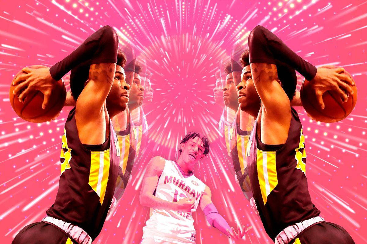 籃球運動員被鏡像射手包圍，背景為粉紅色星爆。 — Ja Morant 動圖 壁紙