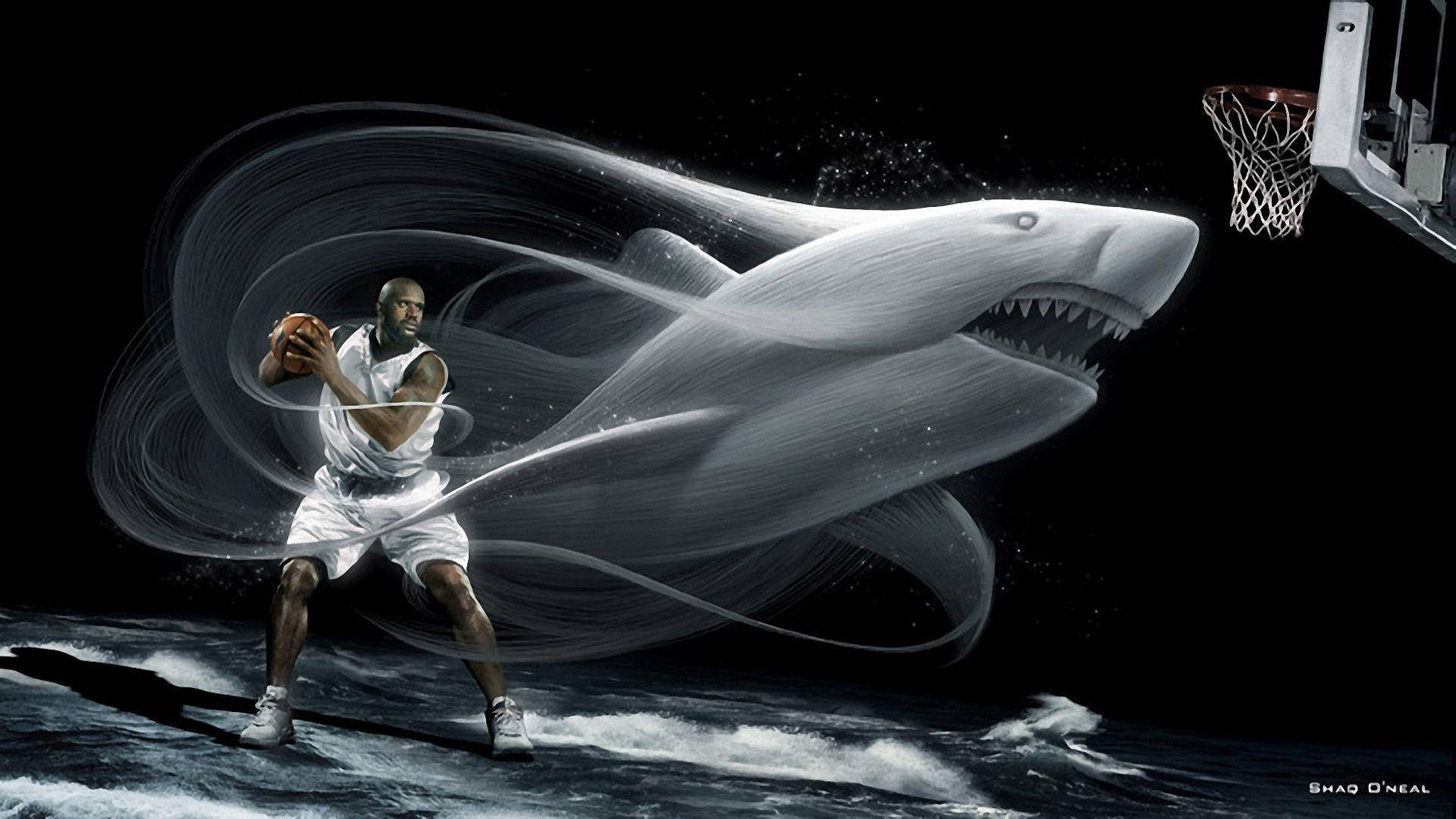 Shaquille O'neal 桌布 壁紙 — 一名身穿白色球衣的籃球運動員站在海浪上，一條巨大的鯊魚在他周圍旋轉，朝向籃框。