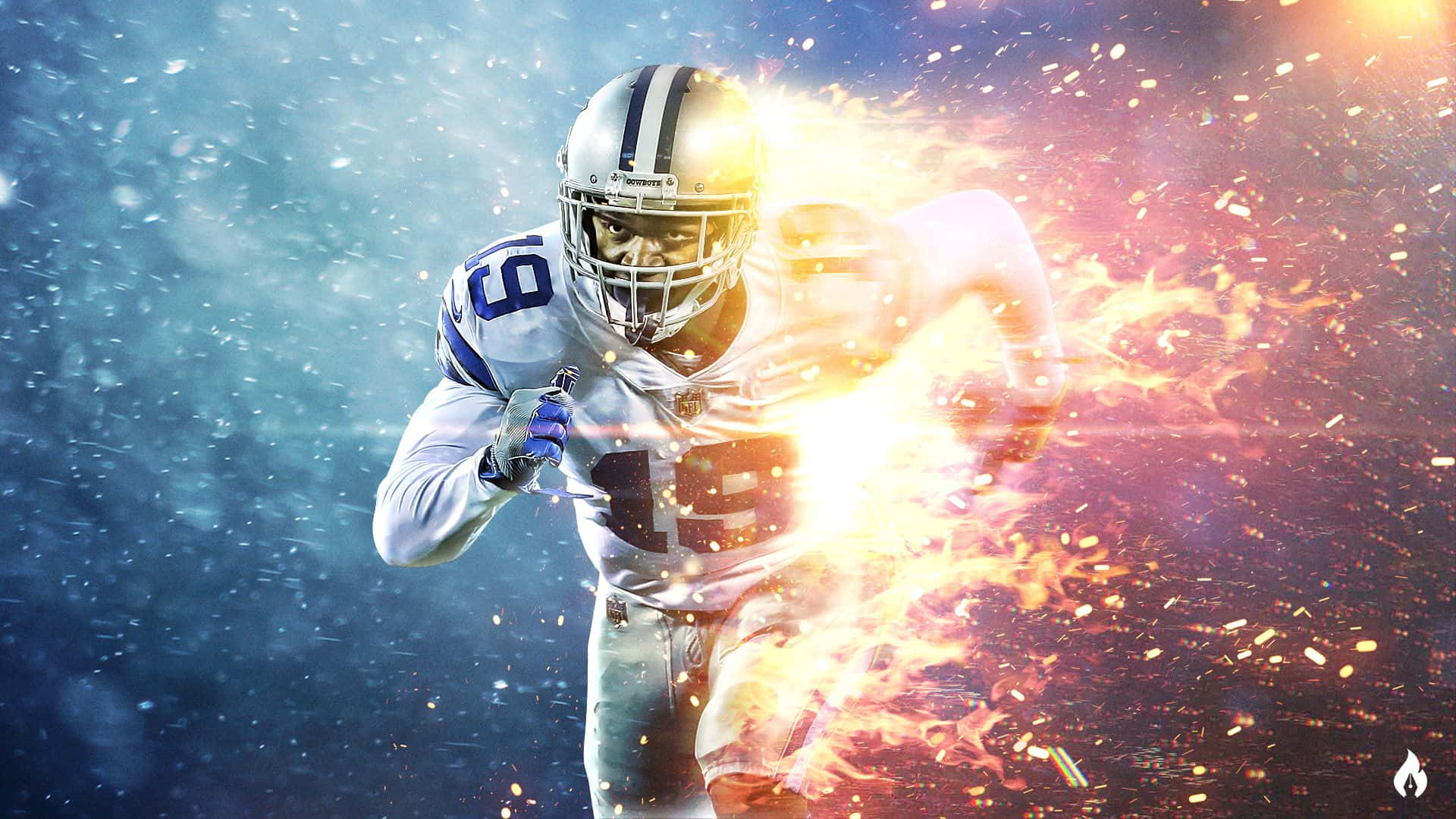Dallas Cowboys Players 桌布 壁紙 — 一名身穿白色球衣的足球員在宇宙藍橙背景下，以熾熱能量向前衝刺。