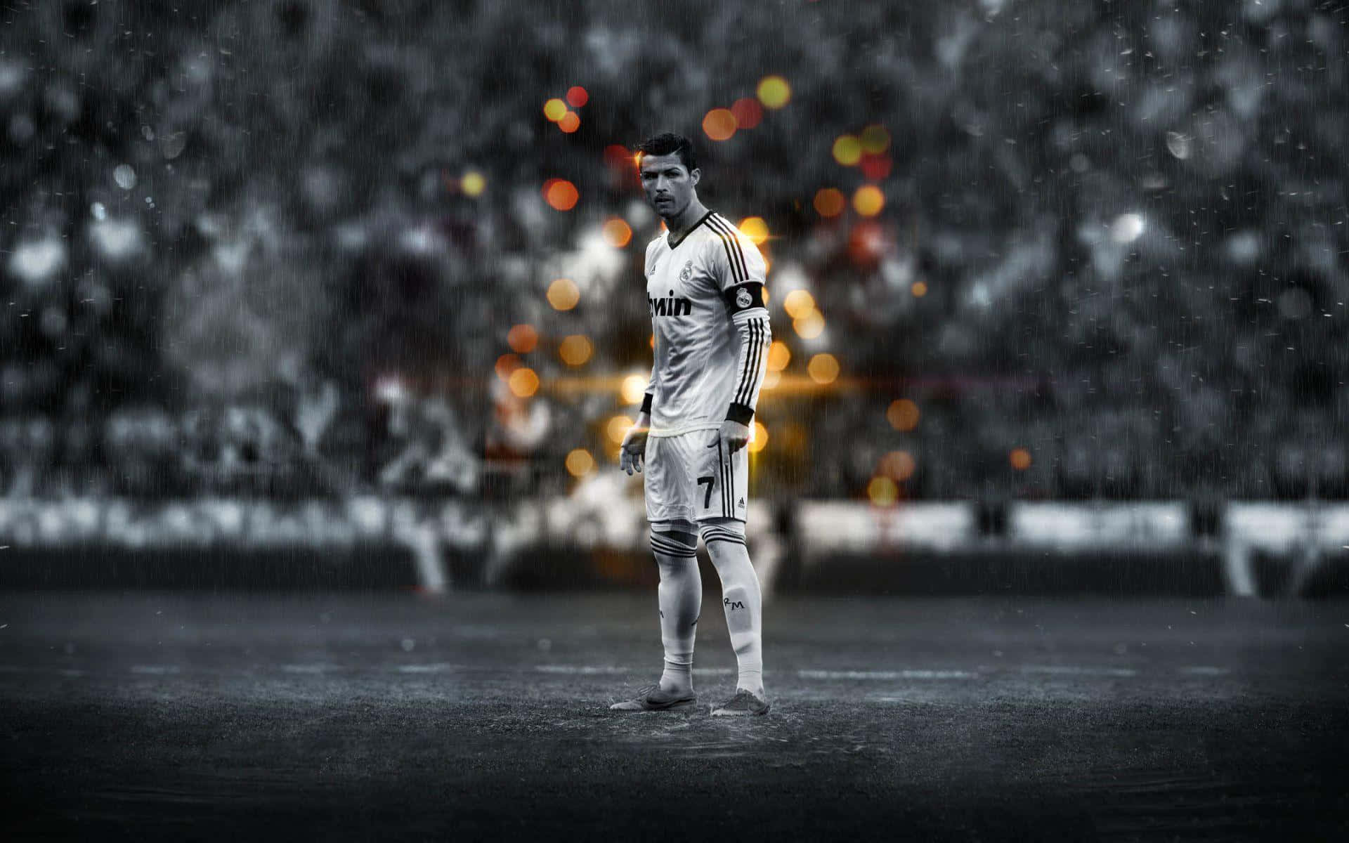 Ronaldo 桌布 壁紙 — 一名身穿白色球衣的足球員獨自站在被雨水浸濕的球場上，身後模糊的球場燈光閃爍。