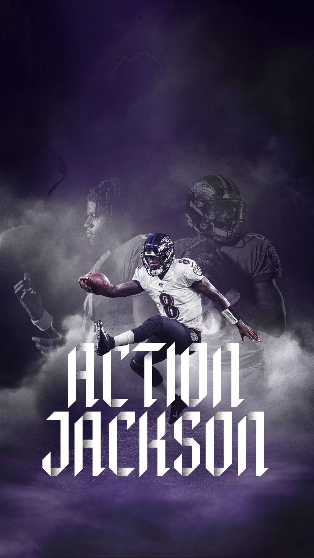 Ravens 桌布 壁紙 — 一名身穿白色球衣的足球運動員動態地跳過紫色煙霧，身後有鬼影，粗體文字寫著 ACTION JACKSON。
