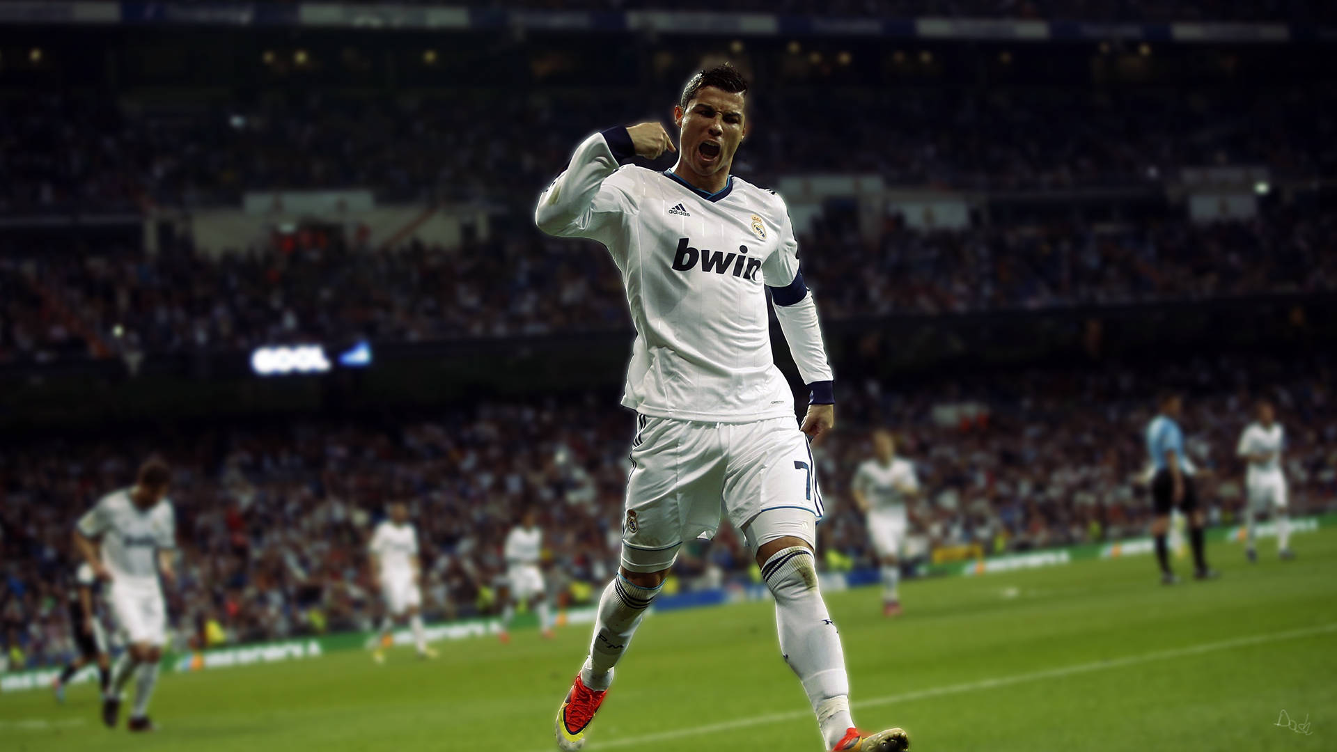 Cr7 桌布 壁紙 — 一名身穿白色球衣的足球運動員在燈光璀璨、座無虛席的球場中高舉雙臂慶祝進球。