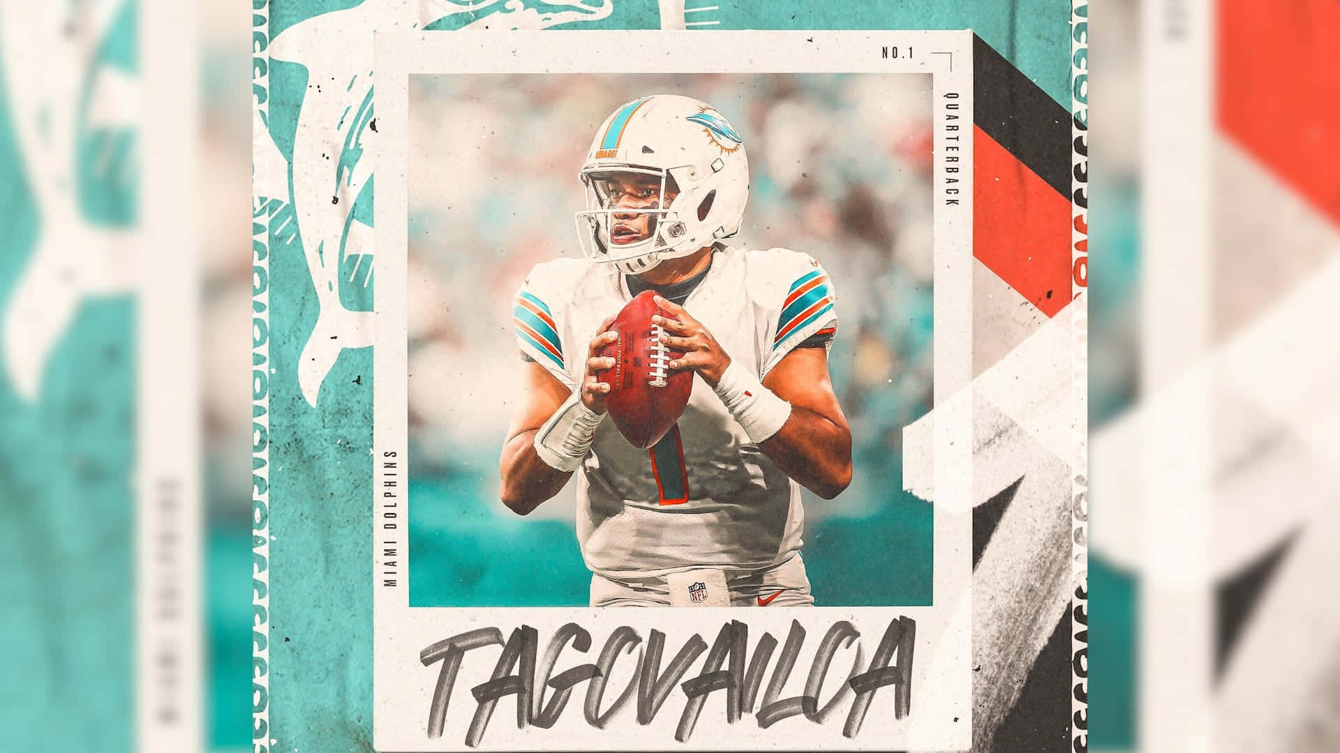 Tua Tagovailoa 桌布 壁紙 — 一名身穿白色球衣的邁阿密海豚四分衛在青綠色和白色圖形背景中，手持紅色橄欖球做出動作。