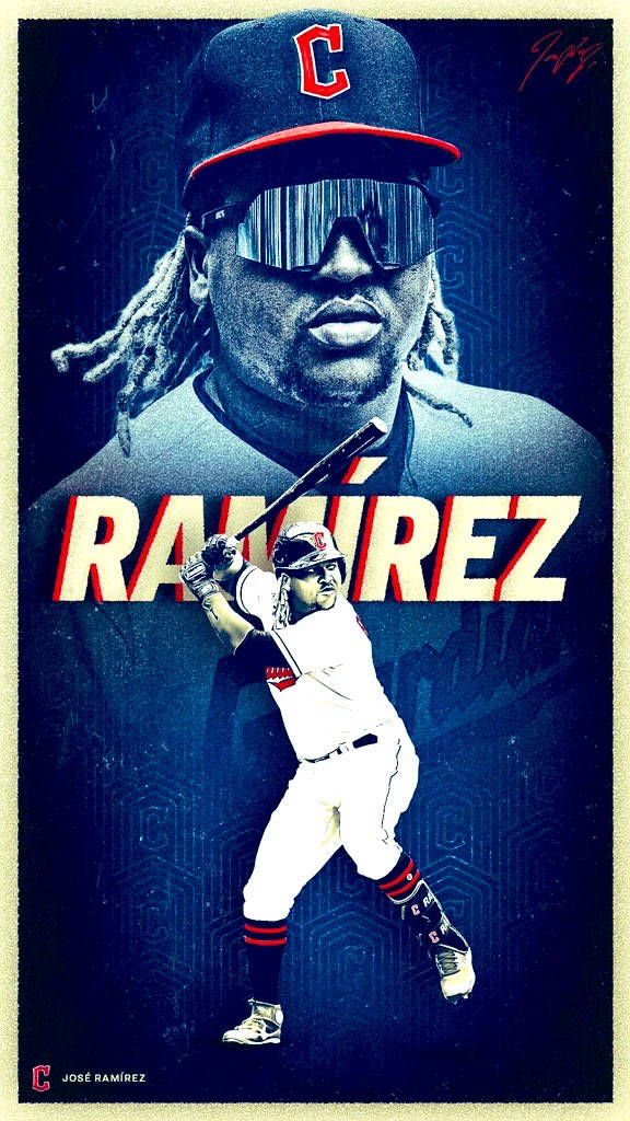 Jose Ramirez 桌布 壁紙 — 一名身穿白色球衣的風格化棒球選手，在深藍色背景前揮棒，他的名字以粗體紅白字體呈現。