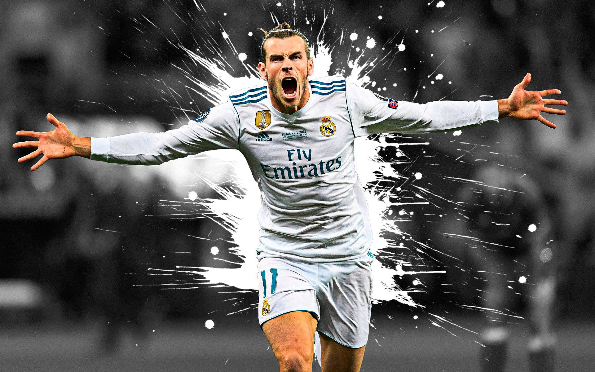 Gareth Bale 桌布 壁紙 — 一名身穿白色皇家馬德里球衣的足球員張開雙臂慶祝，白色油漆飛濺在他周圍爆炸。