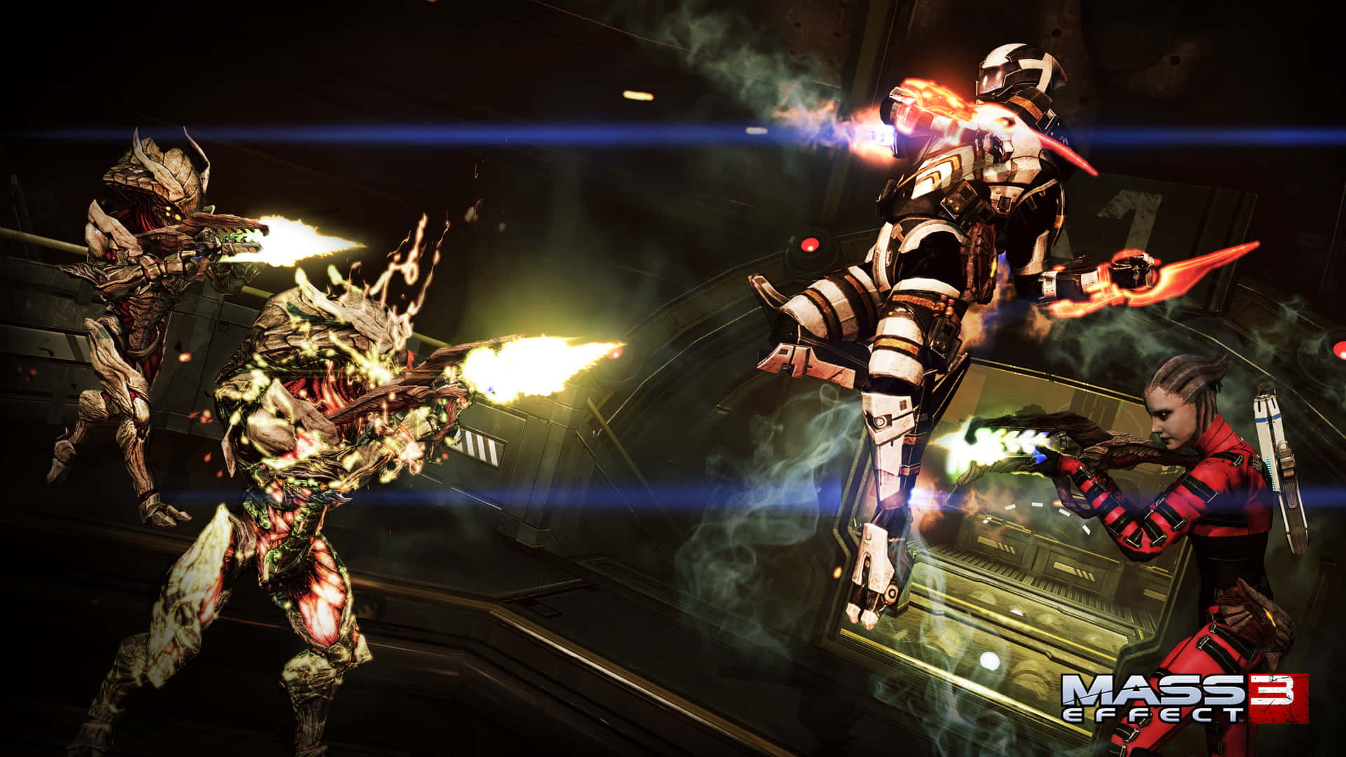 Mass Effect Multiplayer 桌布 壁紙 — 一名身穿白色盔甲的未來士兵在黑暗的科幻走廊中躍入戰鬥，對抗怪誕的外星生物。