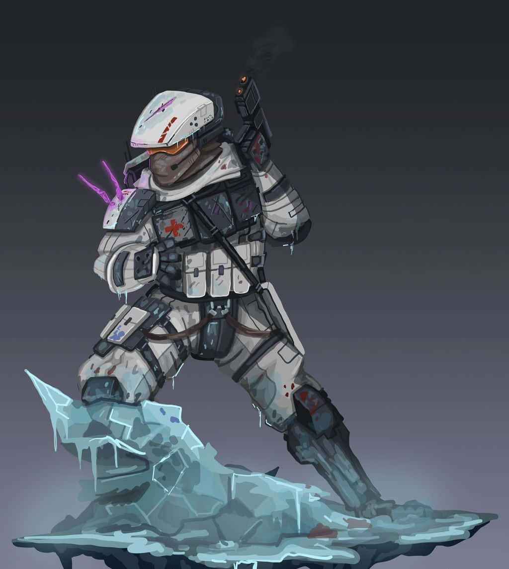 Halo Unsc 桌布 壁紙 — 一名身穿白色盔甲的未來士兵站在鋸齒狀的冰層上，手持發光紫色武器，背景是深色漸變。